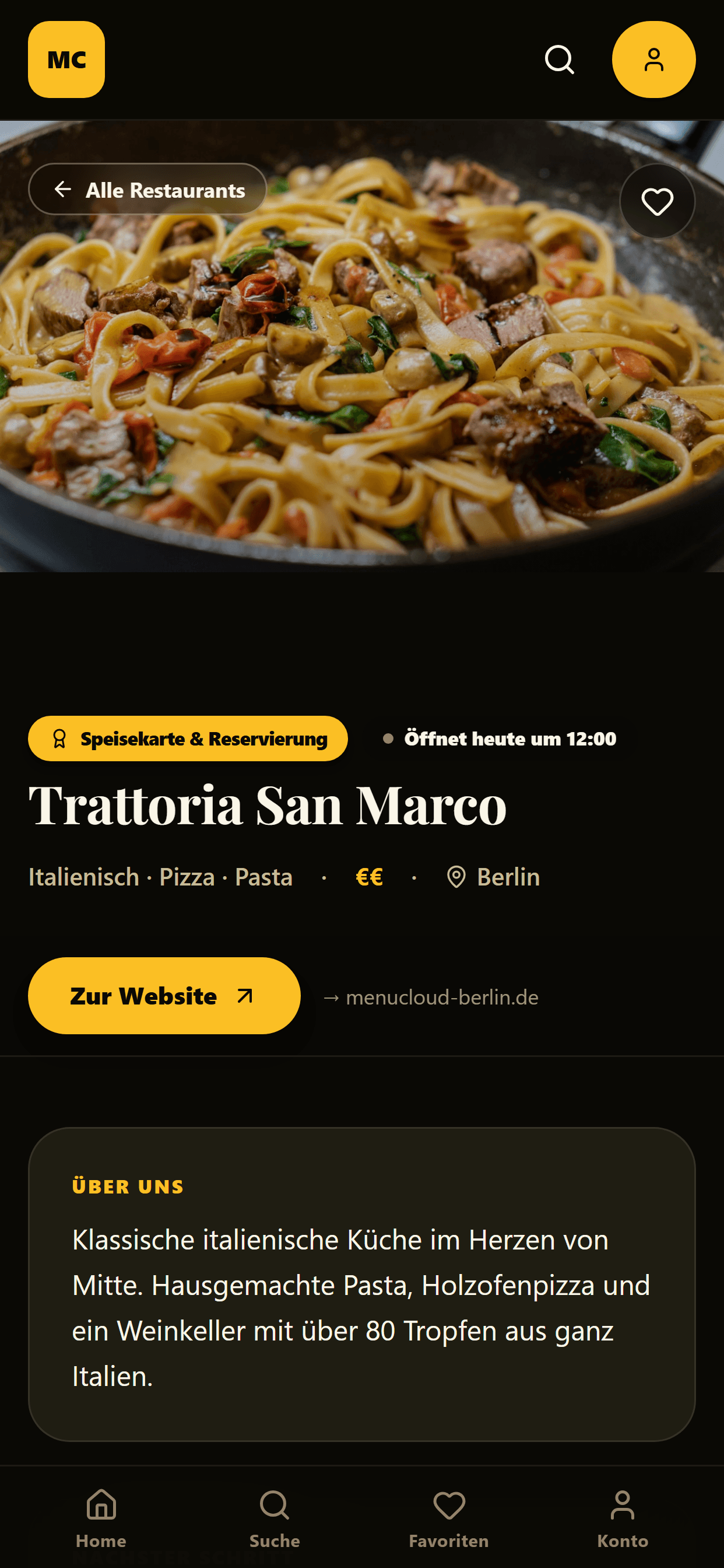 A restaurant page in the MenuCloud app on iPhone: menu, reservation, opening hours and description of a Berlin restaurant.