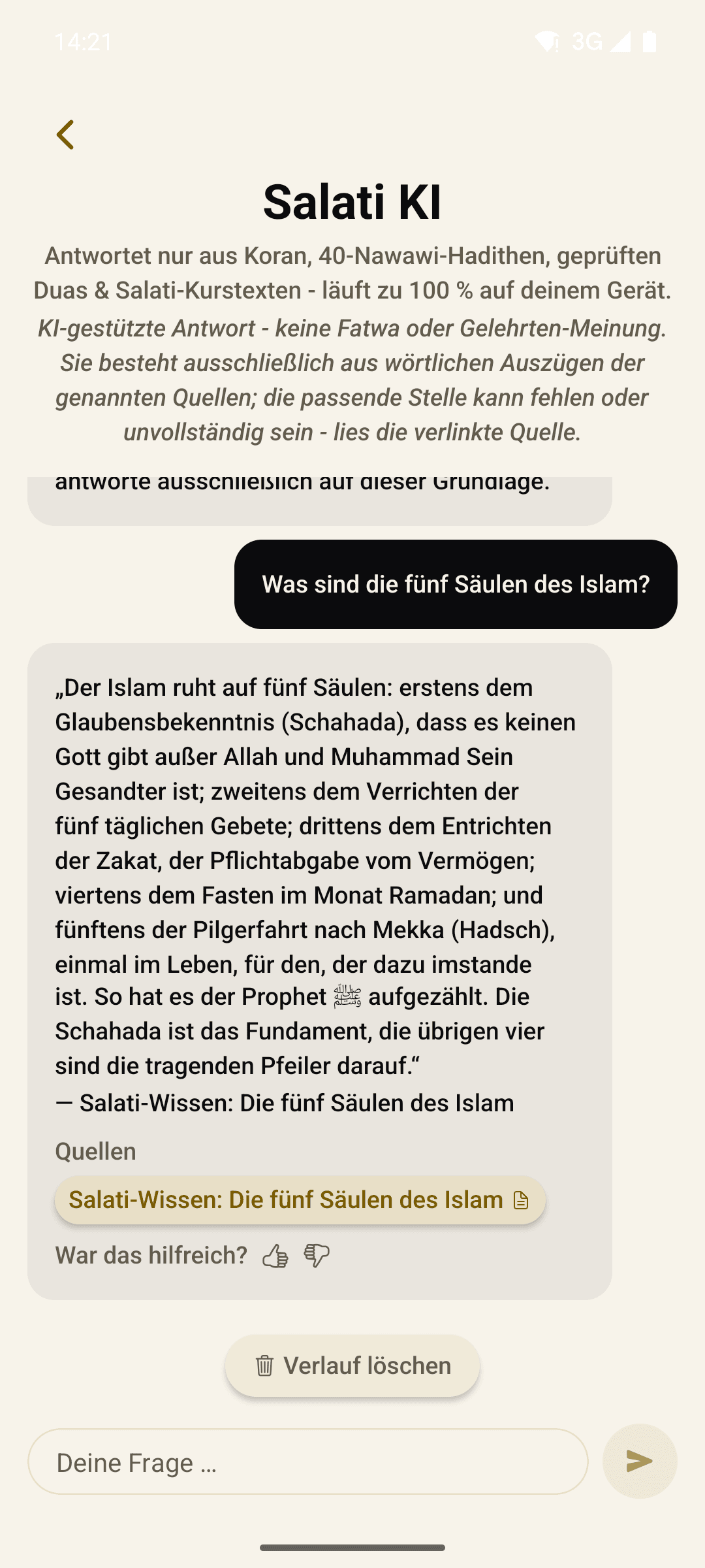 Salati's AI answering a question from Quran and hadith on a phone, explicitly marked as AI-assisted and naming the source of the answer.