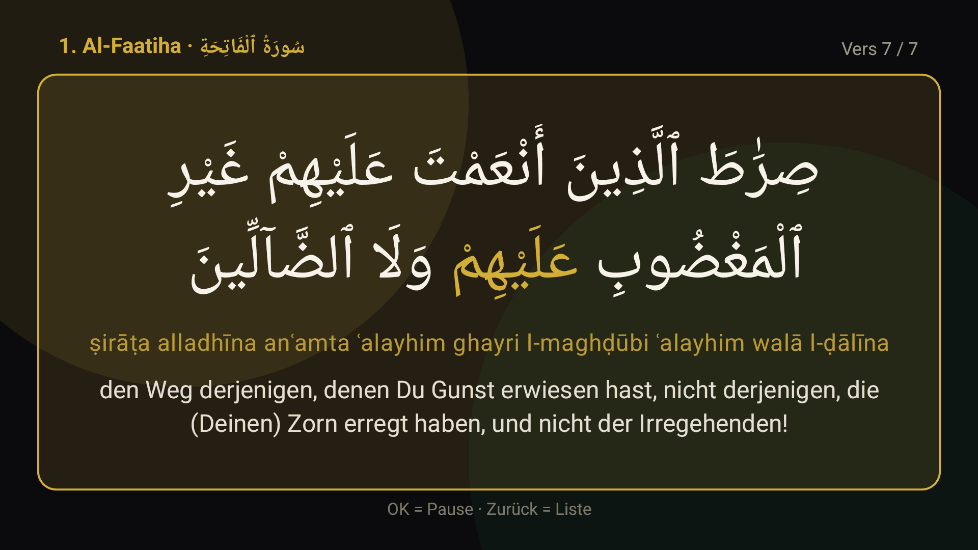Salati's Quran reader on Android TV: the Arabic verse set large, transliteration and German translation below, remote-control hints at the bottom.