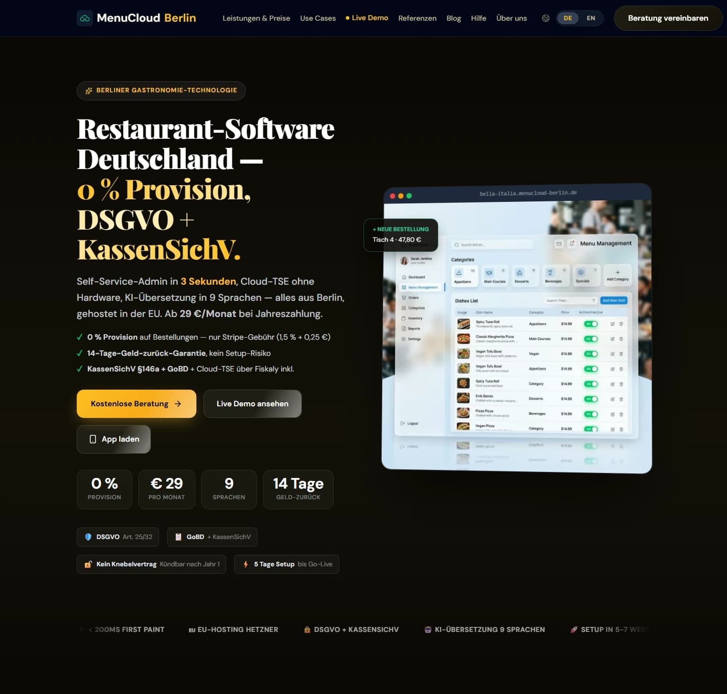 Startseite von menucloud-berlin.de mit dem Versprechen null Provision, DSGVO und KassenSichV sowie einer Vorschau des Self-Service-Admins.