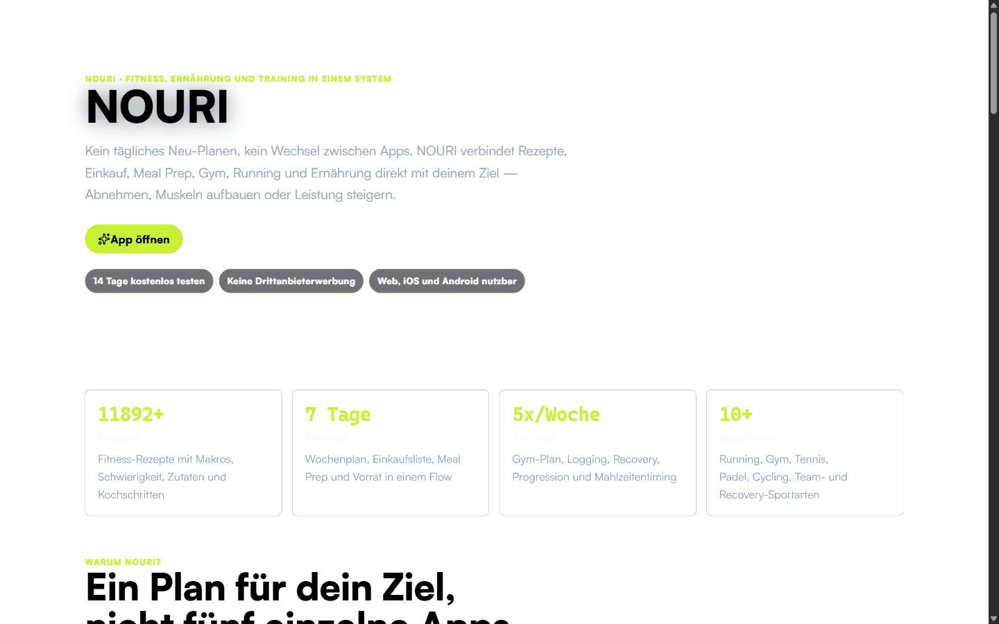 Startseite der NOURI-Plattform mit Rezeptkatalog, Wochenplanung und Trainingsbereich.