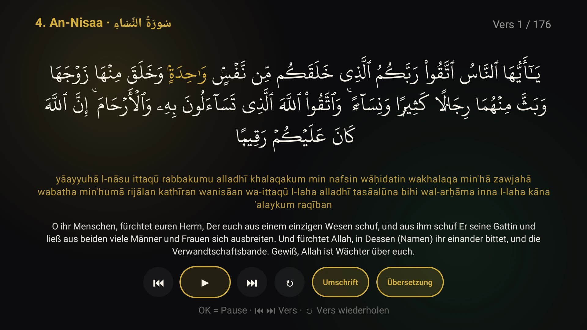 Der Koran-Reader auf dem Fernseher: der arabische Vers groß gesetzt, darunter Umschrift und Übersetzung, unten die Hinweise für die Fernbedienung.