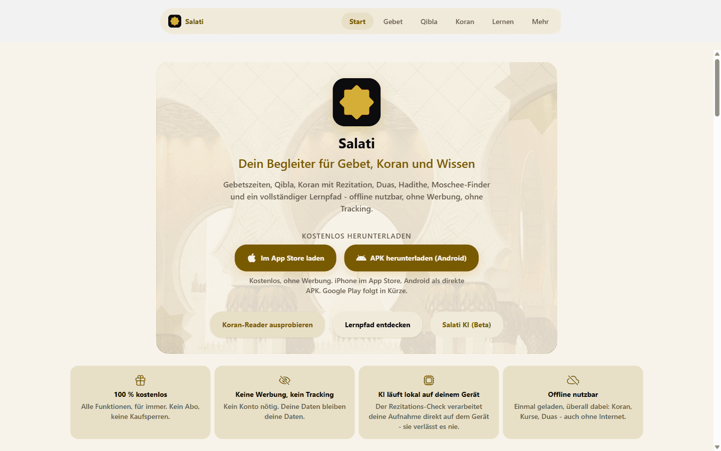 Startseite von salati.pro mit Download-Buttons und den vier Kernversprechen: kostenlos, kein Tracking, KI läuft lokal, offline nutzbar.